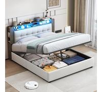 Callicarpa Cama tapizada de 140 x 200 cm con iluminación LED, cama doble con función de carga USB tipo C, estructura de cama con espacio de almacenamiento y somier, cama juvenil, cama funcional, sin