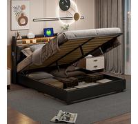 Callicarpa Cama tapizada de 180 x 200 cm con espacio de almacenamiento, cabecero LED con compartimento de almacenamiento y función de carga USB, cama de almacenamiento con iluminación LED, estructura