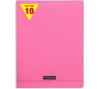 Calligraphe 18181C - Un paquet de 10 cahiers piqués (gamme 8000 de Calligraphe) 96 pages 24x32 cm 90g grands carreaux, couverture polypro (plastique), Rose