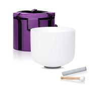 CALM CLANG - tazón de vidrio de chakra de 8 pulgadas B Note 432 Hz con corona de color blanco puro curativo con funda de transporte y mazo de goma de gamuza