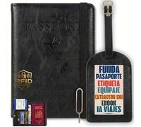 Calmatravel Funda Pasaporte Etiqueta Identificador Maleta Kit Viaje Completo con Extractor SIM Portadocumentos Cuero Bloqueo RFID Cartera Pasaporte Accesorios Viaje Ebook incluido prompts viajes NEGRO