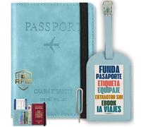 Calmatravel Funda Pasaporte Etiqueta Identificador Maleta Kit Viaje Completo con Extractor SIM Portadocumentos Cuero Bloqueo RFID Cartera Pasaporte Accesorios Viaje Ebook prompts Viajes Azul Claro