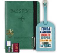Calmatravel Funda Pasaporte Etiqueta Identificador Maleta Kit Viaje Completo con Extractor SIM Portadocumentos Cuero Bloqueo RFID Cartera Pasaporte Accesorios Viaje Ebook incluido prompts viajes VERDE