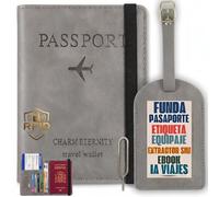 Calmatravel Funda Pasaporte Etiqueta Identificador Maleta Kit Viaje Completo con Extractor SIM Portadocumentos Cuero Bloqueo RFID Cartera Pasaporte Accesorios Viaje Ebook Incluido prompts Viajes Gris