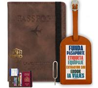 Calmatravel Funda Pasaporte Etiqueta Identificador Maleta Kit Viaje Completo con Extractor SIM Portadocumentos Cuero Bloqueo RFID Cartera Pasaporte Accesorios Viaje Ebook prompts Viajes Marron Oscuro