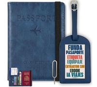 Calmatravel Funda Pasaporte Etiqueta Identificador Maleta Kit Viaje con Extractor SIM Portadocumentos Cuero Bloqueo RFID Cartera Pasaporte Accesorios Viaje Ebook Incluido prompts Viajes Azul Oscuro
