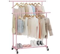 Calmootey Perchero de ropa de doble barra, estante colgante rodante, organizador de ropa portátil para dormitorio, sala de estar, tienda de ropa, rosa