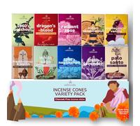 CALMVEDA Conos de incienso orgánicos perfumados - (120 conos de incienso, 10 variantes) limpio sin carbón, hecho de flores recicladas | Palo Santo, incienso, conos Nag Champa, etc. (con soporte)