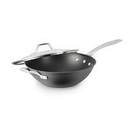 Calphalon Signature - Wok de fondo plano anodizado duro con revestimiento antiadherente, negro, 12 pulgadas