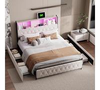 Caluself Bed capitonné Simple, Double Avec sommier à Lattes, capitonné Avec éclairage LED et Port USB, Cadre de Avec 4 tiroirs, tête de Avec Rangement, Velours, Beige 4J5k8L