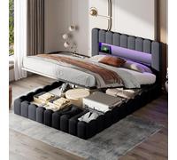 Caluself Bed coffre, Cadre de, Double rembourré Avec tête de LED et chargement USB, Cadre de à sommier tapissier Avec Rangement et sommier à Lattes, coffre M6n1O5