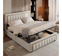 Caluself Bed, coffre, Double, Cadre de, Cadre de en Velours Beige Avec Rangement, King-Size hydraulique rembourré Avec tête de, Support à Lattes en Bois, facile à Monter 5J8k7L