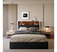 Caluself Cama de almacenamiento + cargador + luz LED en ambos lados con 140 x 200 cm piel sintética negra + patrón de fuego