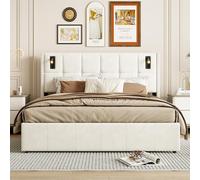 Caluself Cama doble tapizada con cabezal de ala y remaches de latón, ajuste neumático, 160 × 200 cm, tela de terciopelo beige