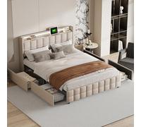 Caluself Lit YCZ Double hydraulique x, rembourré Avec sommier à Lattes en métal, Cadre de Moderne Avec Espace de Rangement, en Velours Avec Lampe de Chevet LED, Beige (x).7zG4zT