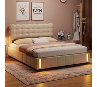Caluself Lit YCZ Double hydraulique x, rembourré Avec sommier à Lattes en métal, Cadre de Moderne Avec Espace de Rangement, en Velours Avec Lampe de Chevet LED, Beige (x).K3a9aX