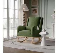 Caluself Silla mecedora de tela Teddy con cojín lumbar, estructura balancín de madera maciza, sillón de relax verde para salón y rincón de lectura