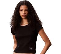 Calvin Klein Camiseta de Manga Corta Mujer Woven Label Rib Baby tee con Cuello Redondo, Negro (Black), 3XS