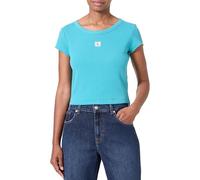 Calvin Klein Camiseta de Manga Corta Mujer Woven Label Rib Baby tee con Cuello Redondo, Turquesa (Tuscan Teal), S
