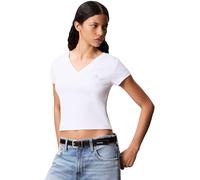 Calvin Klein Camiseta de Manga Corta Mujer Woven Label Rib tee con Cuello de Pico, Blanco (Brilliant White), L