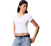 Calvin Klein Camiseta de Manga Corta Mujer Woven Label Rib tee con Cuello de Pico, Blanco (Brilliant White), 2XS