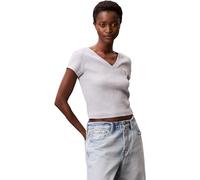 Calvin Klein Camiseta de Manga Corta Mujer Woven Label Rib tee con Cuello de Pico, Gris (Bc06 Grey Heather), L