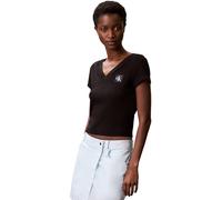 Calvin Klein Camiseta de Manga Corta Mujer Woven Label Rib tee con Cuello de Pico, Negro (Black), L