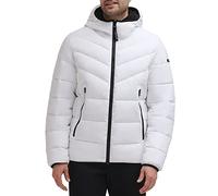 Calvin Klein Chaqueta acolchada de plumón alternativo con babero para hombre, Capucha elástica blanca, Medium