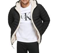 Calvin Klein Chaqueta ligera para hombre con babero de forro polar y capucha extraíble, negro elástico, Small