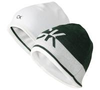 Calvin Klein Gorro de punto reversible a rayas con logotipo CK 2025 para hombre, Bosque/Blanco, Talla única