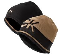 Calvin Klein Gorro de punto reversible a rayas con logotipo CK 2025 para hombre, Bronceado/negro, Talla única