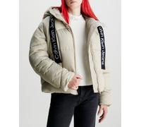 Calvin Klein Jeans Plumifero de mujer corto cintas logo CKJ en capucha. Beige 40 (L)