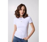 Calvin Klein Camiseta de Manga Corta Mujer Woven Label Rib tee Slim Fit, Blanco (Brilliant White), M
