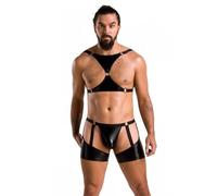 Calzoncillo y tanga eróticos de cuero y látex para hombre marca PASSION MEN PASSION 047 SET ARON NEGRO L/XL
