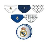 Calzoncillos Niño Real Madrid + Neceser Redondo - Pack 5 Calzoncillos Niño Suaves Transpirables, Ropa Interior Infantil 3 Diseños Escudo Real Madrid y Neceser Infantil Redondo Cremallera, 6/8 Años