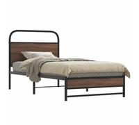 Cama 100x200cm con cabecero - estructura robusta de acero y madera, somier de láminas, 27 cm de espacio de almacenamiento debajo de la cama, Marrón roble, Con cabecero y pie de cama bajo doble