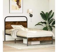 Cama 100x200cm con cabecero - estructura robusta de acero y madera, somier de láminas, 27 cm de espacio de almacenamiento debajo de la cama, Roble ahumado, Con cabecero y pie de cama bajo doble