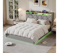 Cama 140 x 200 con somier, cama de matrimonio, cama de 2 personas, LED/USB cama acolchada, cabecera de almacenamiento, aplicable a almacenamiento, estación de carga, iluminación de ambiente muebles