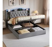 Cama 140x190 con Almacenamiento hidráulico, Camas Matrimoniales con LED y USB, Cama Canape 140x190 con Cabecero Cama Tapizada con Almacenaje Cama Doble Matrimonio Moderna, Terciopelo Gris
