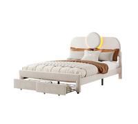 Cama 140x200 cm con led y 2 cajones, cama de matrimonio 140x200 cm con somier de láminas, tejido terciopelo, beige