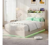 Cama 90 x 200 con somier, cama de matrimonio, cama de 2 personas, LED/USB cama acolchada, cabecera de almacenamiento, aplicable a almacenamiento, estación de carga, iluminación de ambiente muebles