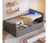 Cama 90x200 Cama tapizada Cama infantil Cama individual, Cama juvenil Camas con almacenaje, Cabecero con LED&USB y balda, Cama basculante hidráulica Estructura de cama con somier,A