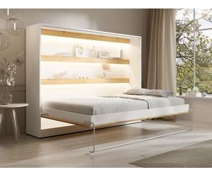 Cama abatible 140 x 200 cm - Apertura horizontal manual - Con LEDs - blanco y natural - RAPILI