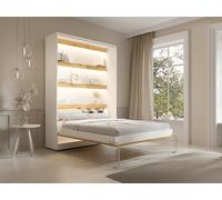 Cama abatible de 140 x 200 cm - Apertura vertical manual - Con LEDs - blanco y natural + Colchón - RAPILI