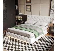 Cama Acolchada 160 x 200 con LED y Somier, Tapizada con Almacenamiento Bajo, Altura Regulable, Cabecera Doble Sin Colchón (Lino Beige, 160*200)