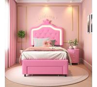 Cama Acolchada 90x200 con somier, Cama Infantil con cajón, Camas Individual para niña de 90 x 200 cm, Camas de Princesa con LED Ajustable, cabecero Regulable en Altura, PU (Rosa, 90 cm)