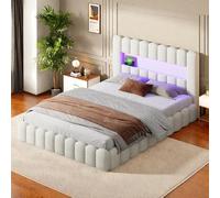 Cama acolchada Bubble de 140 x 200 cm, cama doble con almacenamiento hidráulico, cama de almacenamiento con función de carga USB e iluminación LED, marco de cama con somier de láminas, sin colchón