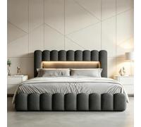 Cama acolchada Bubble de 160 x 200 cm, cama doble con somier de láminas y espacio de almacenamiento hidráulico, con USB y LED, cama juvenil con cabecero acolchado, tela de lino, sin colchón (gris-A