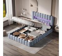 Cama acolchada Bubble de 180 x 200 cm, cama doble con somier de láminas y espacio de almacenamiento hidráulico, con USB y LED, cama juvenil con cabecero acolchado, terciopelo, sin colchón (gris-B, 180