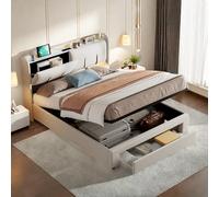 Cama acolchada con cajones de almacenamiento, 140 x 200 cm, marco de cama de terciopelo con luces LED y estación de carga, cama de almacenamiento hidráulico elevable King Size, soporte de madera de